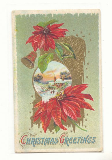 CHRISTMAS GREETING POINTSETTIA WINTER SCENE GOLD HIGHLIGHTS VINTAGE POSTCARD #355