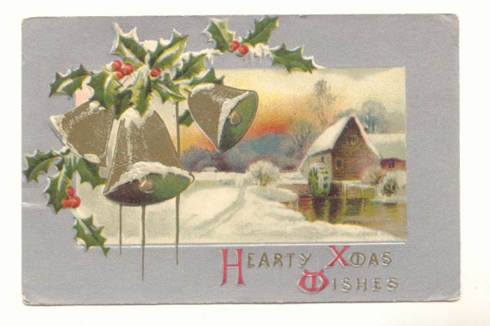 HEARTY XMAS WISHES GOLD BELLS Vintage Postcards #359