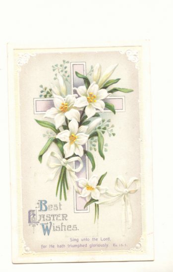 EASTER WISHES DAFFODILS CROSS VINTAGE POSTCARD ANTIQUE #362