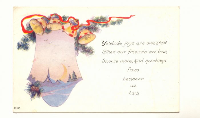 YULETIDE JOYS, WINTER SCENE, GOLD BELLS, VINTAGE POSTCARD #368