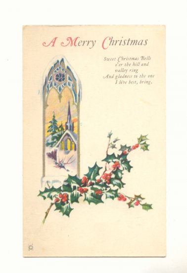 MERRY CHRISTMAS CHURCH SCENE HOLLY VERSE VINTAGE POSTCARD #371