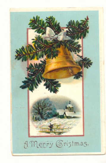 1910 MERRY CHRISTMAS GOLD BELL PINE WINTER SCENE POSTCARD #372
