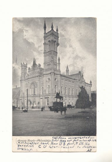 1907 MASONIC TEMPLE PHILADELPHIA VINTAGE POSTCARD #383