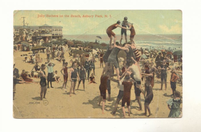 JOLLY BATHERS ON BEACH ASHBURY PARK NEW JERSEY POSTCARD #390