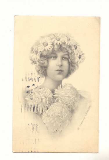 PRETTY LADY, DAISY CROWN, LARGE CARNATIONS 1914 Postcard #393