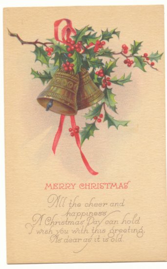 MERRY CHRISTMAS GOLD BELLS HOLLY VERSE VINTAGE POSTCARD #398