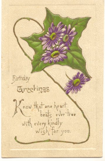 BIRTHDAY GREETINGS, PURPLE FLOWERS IVY LEAF POSTCARD #399