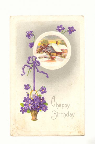 BIRTHDAY HANGING BASKET VIOLETS, WATERMILL SCENE 1911 Vintage Postcard #400