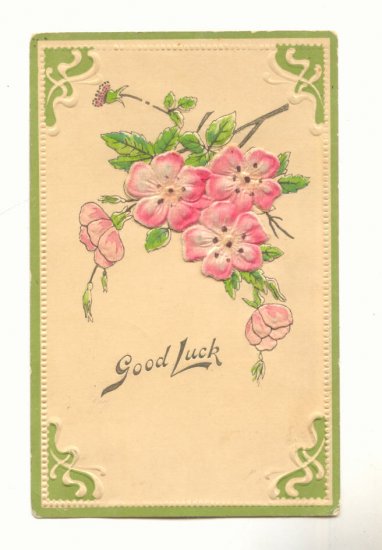 GOOD LUCK, FLOCKED CHERRY BLOSSOMS , 1909 POSTCARD #402