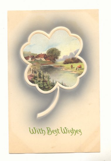 BEST WISHES, COUNTRY SCENE IN CLOVER, COWS, POSTCARD #409