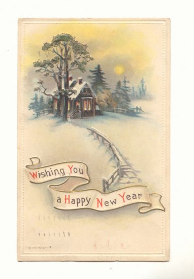 HAPPY NEW YEAR, MOONLIT COUNTRY CABIN 1916 POSTCARD #410