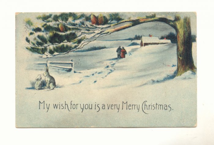 WHITE RABBITS. SNOWY SCENE VINTAGE CHRISTMAS POSTCARD #422
