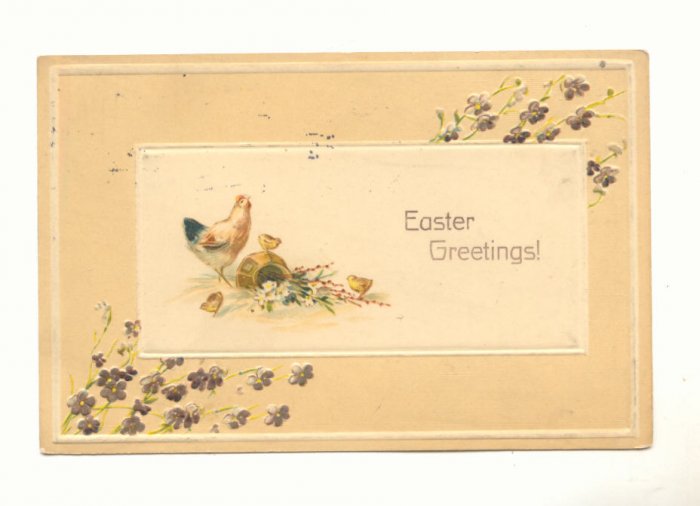 EASTER GREETING, HEN & CHICKS FLOWERS, VINTAGE POSTCARD #423
