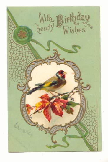 HEARTY BIRTHDAY WISHES, BIRD, FALL LEAVES VINTAGE 1907 POSTCARD #424