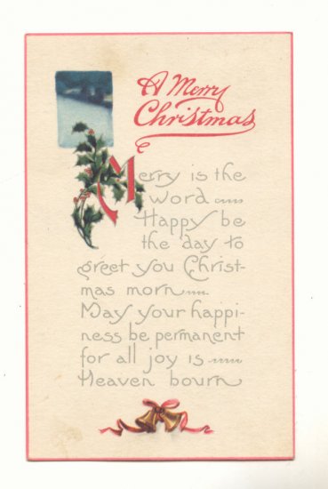 MERRY CHRISTMAS, BELLS, HOLLY, VINTAGE POSTCARD #426