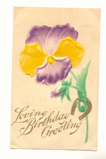 LOVING BIRTHDAY LARGE AIRBRUSED PANSY HORSESHOE Postcard #429