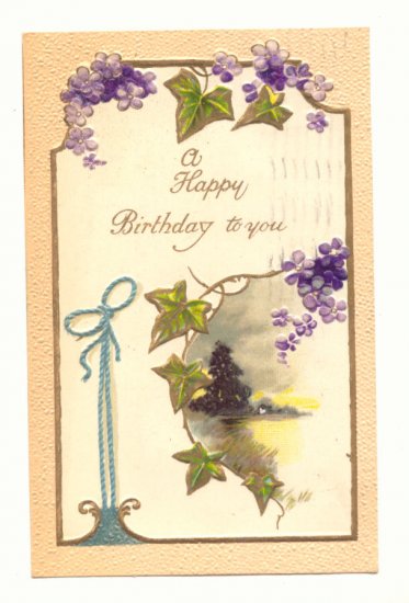 HAPPY BIRTHDAY IVY, VIOLETS, RIBBON, VINTAGE 1909 Postcard #461