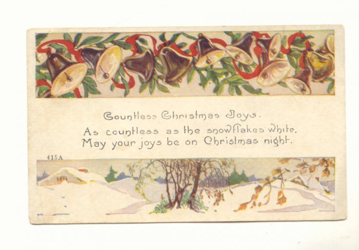 1920 CHRISTMAS JOYS, MISTLETOE, GOLD BELLS POSTCARD #466