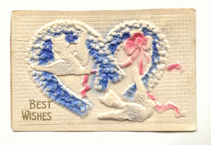 BEST WISHES, HEAVY EMBOSSED DOVES, HEARTS POSTCARD #470