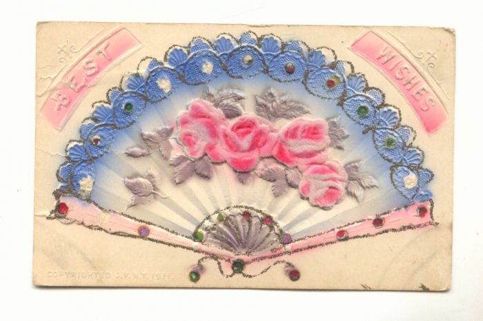 BEST WISHES, Heavy Embossed Fan, Flocked Roses Postcard #472