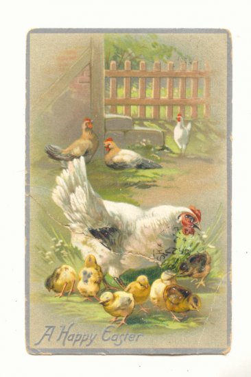 A HAPPY EASTER, HEN AND CHICKS, VINTAGE TUCKS POSTCARD #475