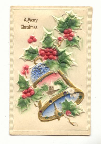 MERRY CHRISTMAS, HEAVY EMBOSSED, BELL HOLLY POSTCARD #476