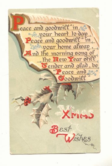 XMAS BEST WISHES, HOLLY, VERSE, VINTAGE 1910 POSTCARD #477
