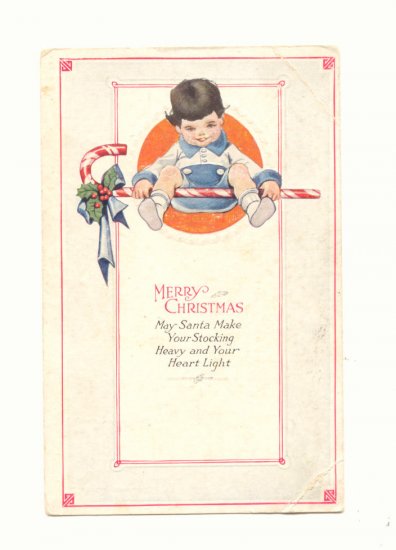 Merry Christmas Young boy, Candy Cane, Vintage Postcard #478