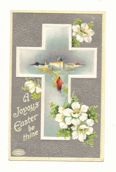 JOYOUS EASTER BE THINE CROSS SCENE FLOWERS SILVER 1911 Vintage Postcard #492