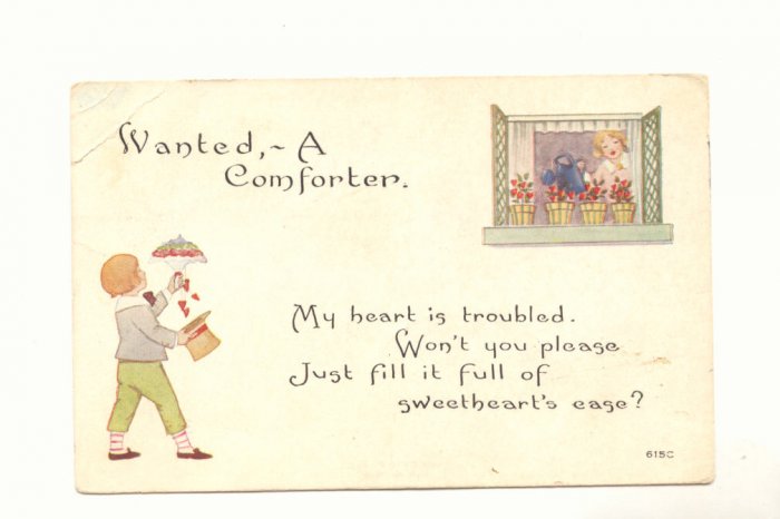 WANTED, A COMFORTER GIRL IN WINDOW BOY FLOWERS 1919 Postcard #495