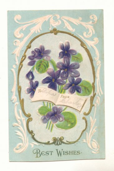 BEST WISHES VIOLETS OPEN BOOK GOLD VINTAGE POSTCARD #500