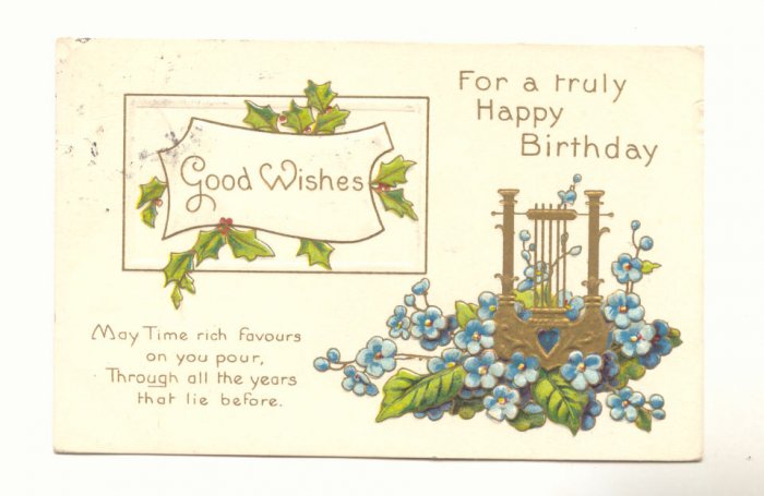 TRULY HAPPY BIRTHDAY GOLD HARP FORGET ME NOTS 1910 Vintage Postcard #514