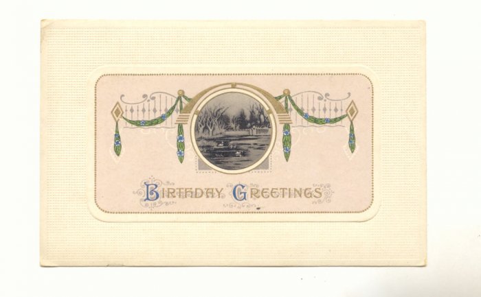 BIRTHDAY GREETINGS, LAKE, SWAN SCENE VINTAGE UNUSED Postcard #525