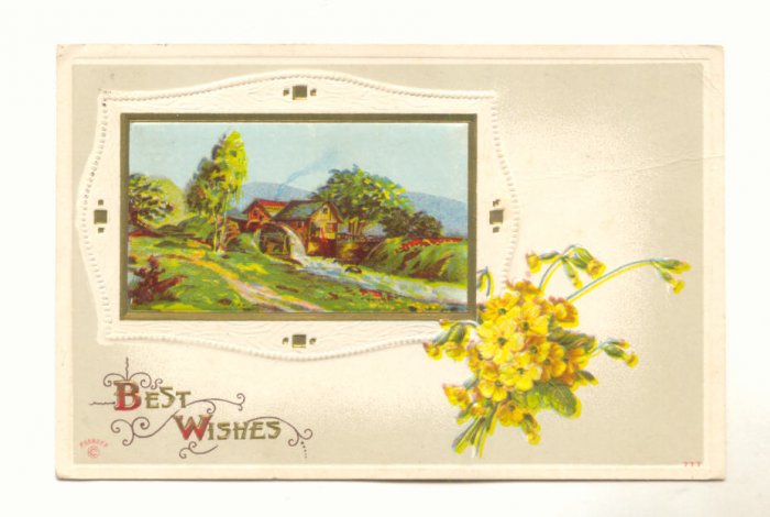Best Wishes, Beautiful Country Scene, Gold Vintage 1912 Postcard #532
