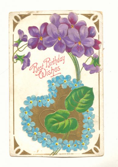 Best Birthday Wishes, Large Violets, Forget-Me-Nots Heart Vintage Postcard #542