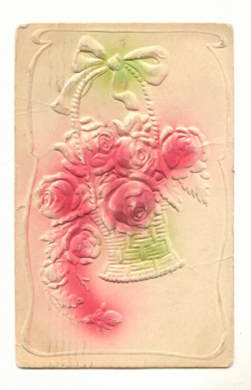 Heavily Embossed, Basket of Roses, Hand Tinted Postcard #545