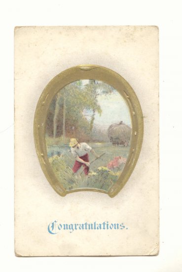 CONGRATULATIONS Farmer in Field Framed in Gold Horseshoe Vintage Postcard #549