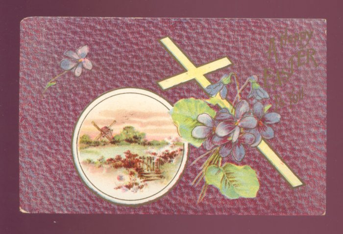 1912 Vintage Postcard Windmill Scene, Violets, Cross #560