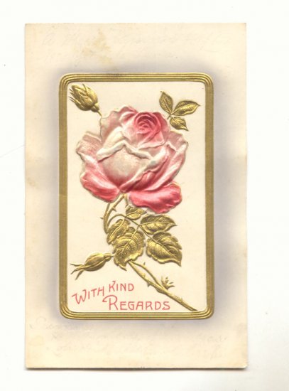 WITH KIND REGARDS Raised SILK Rose, Gold Vintage Postcard # 559