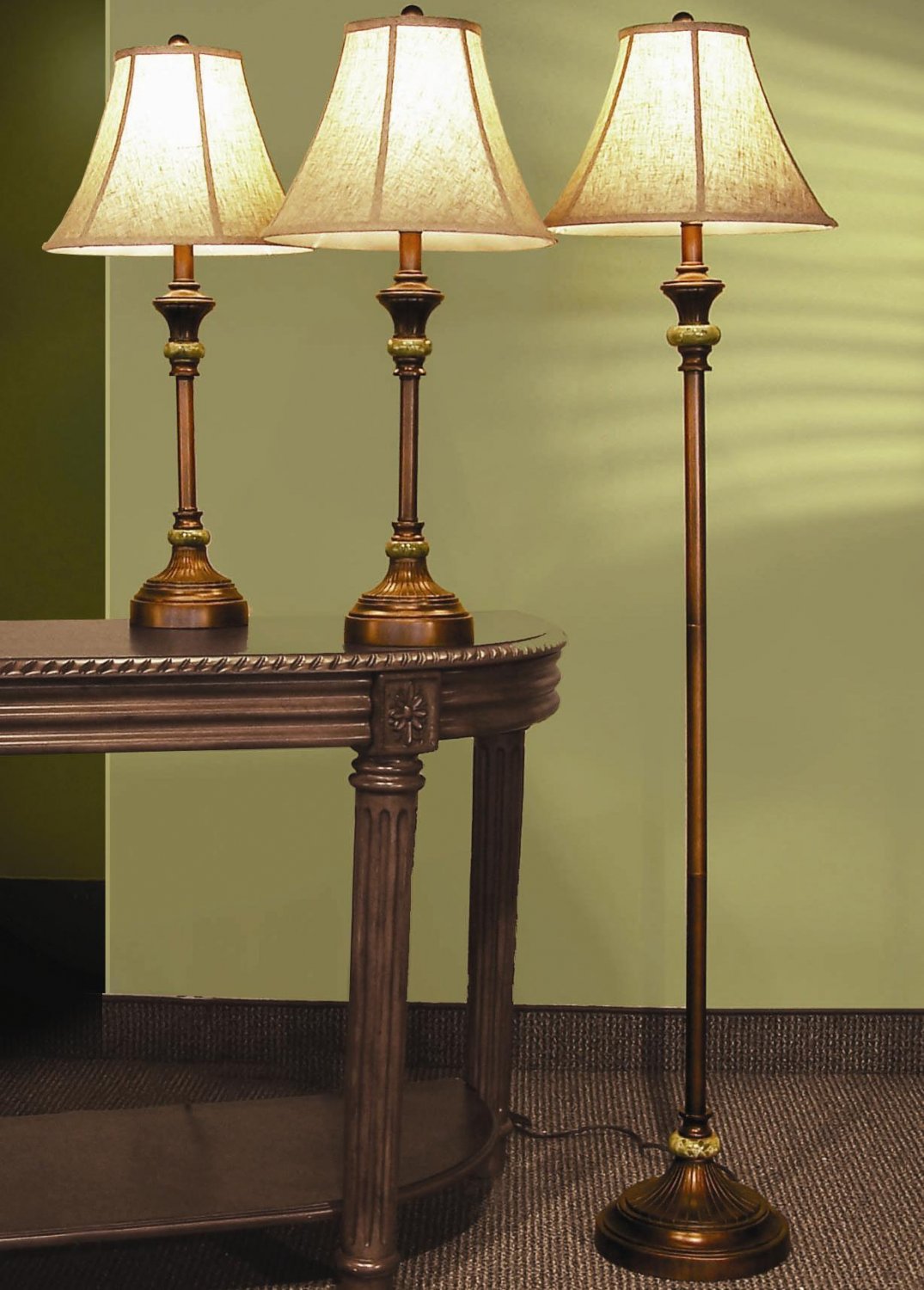 Retro Bronze Fluted Table Floor Lamp Set w/ Gold Shades