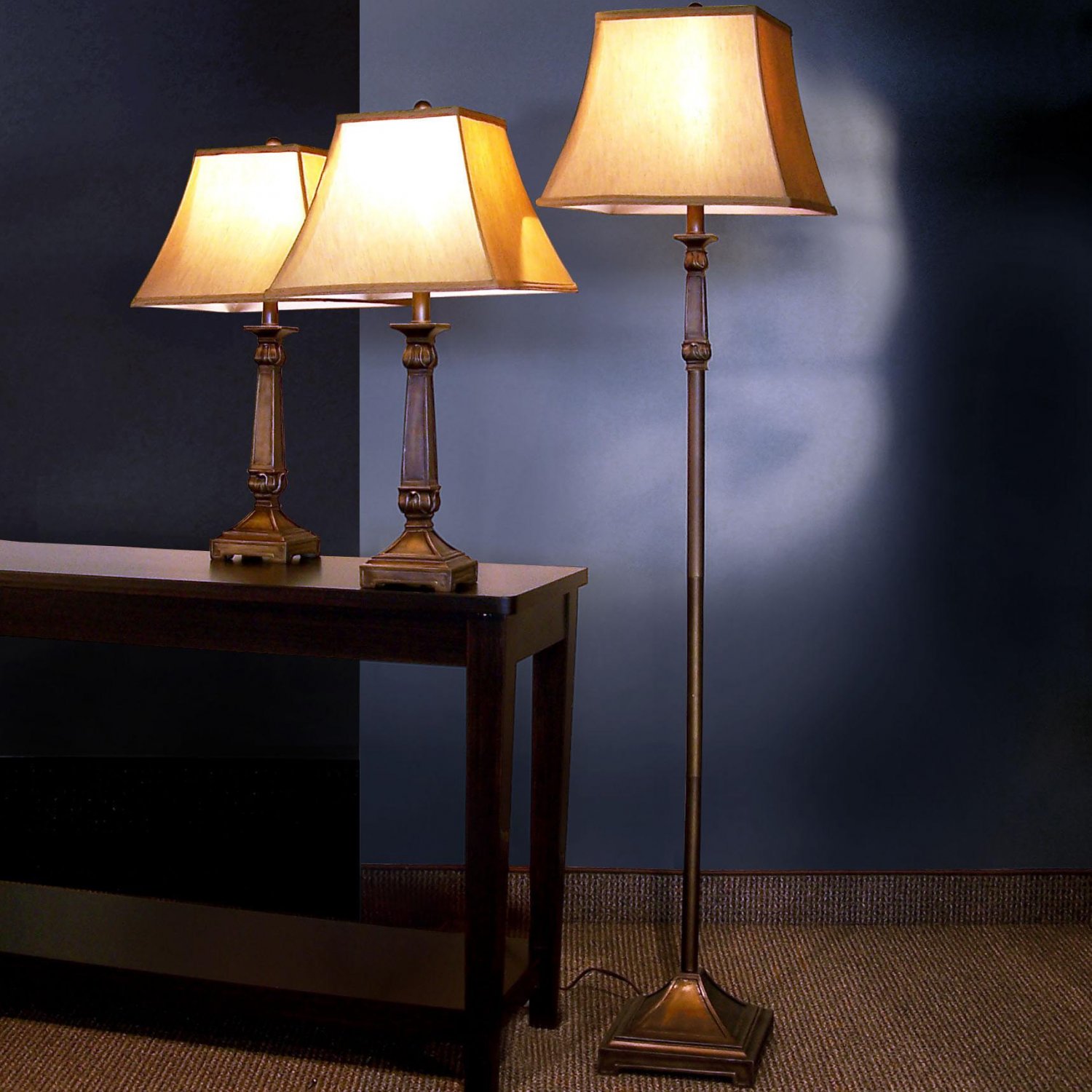 Traditional Bronze Table Floor Lamp Set w/ White Shades
