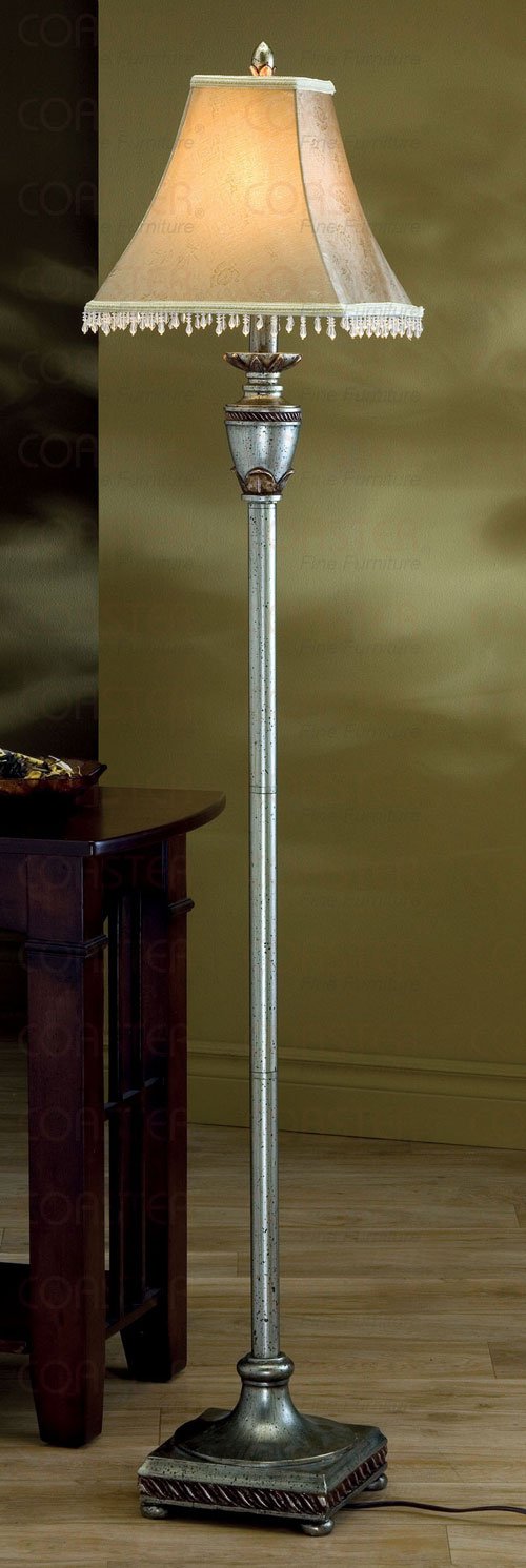 Antique Gold Finish Floor Lamp Beaded Fabric Bell Shade