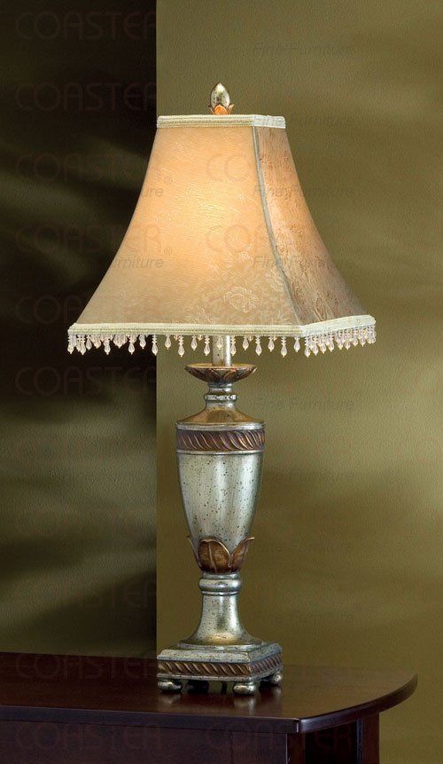 Antique Gold Finish Table Lamp Beaded Fabric Bell Shade