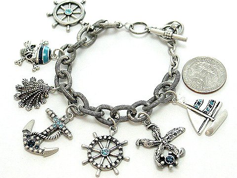 BLUE NAUTICAL PIRATE SEA SKULL BOAT SHELL PIRATES CARIBBEAN BRACELET