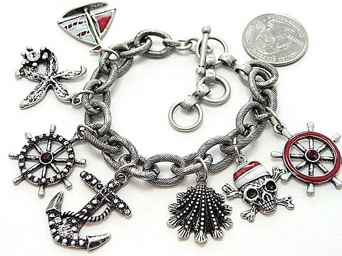 RED NAUTICAL PIRATE SEA SKULL BOAT SHELL PIRATES CARIBBEAN BRACELET