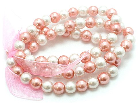 LIGHT PINK ROSE FAUX PEARL GLASS BEAD RIBBON BRACELET