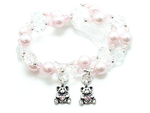 KIDS GIRLS CHILDS TEDDY BEAR FAUX PEARL BEAD BRACELET