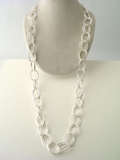 LONG TEXTURED DOUBLE LINK METAL SILVER TONE NECKLACE