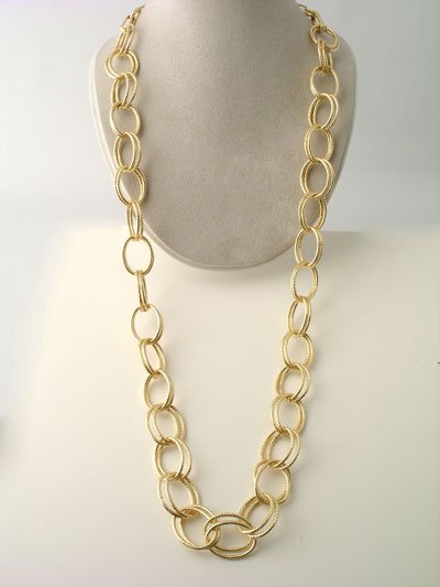 LONG TEXTURED DOUBLE LINK METAL GOLD TONE NECKLACE