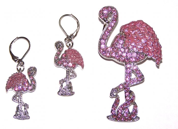 PINK FLAMINGO BIRD ANIMAL CRYSTAL ISLAND DUAL BROOCH PIN SET